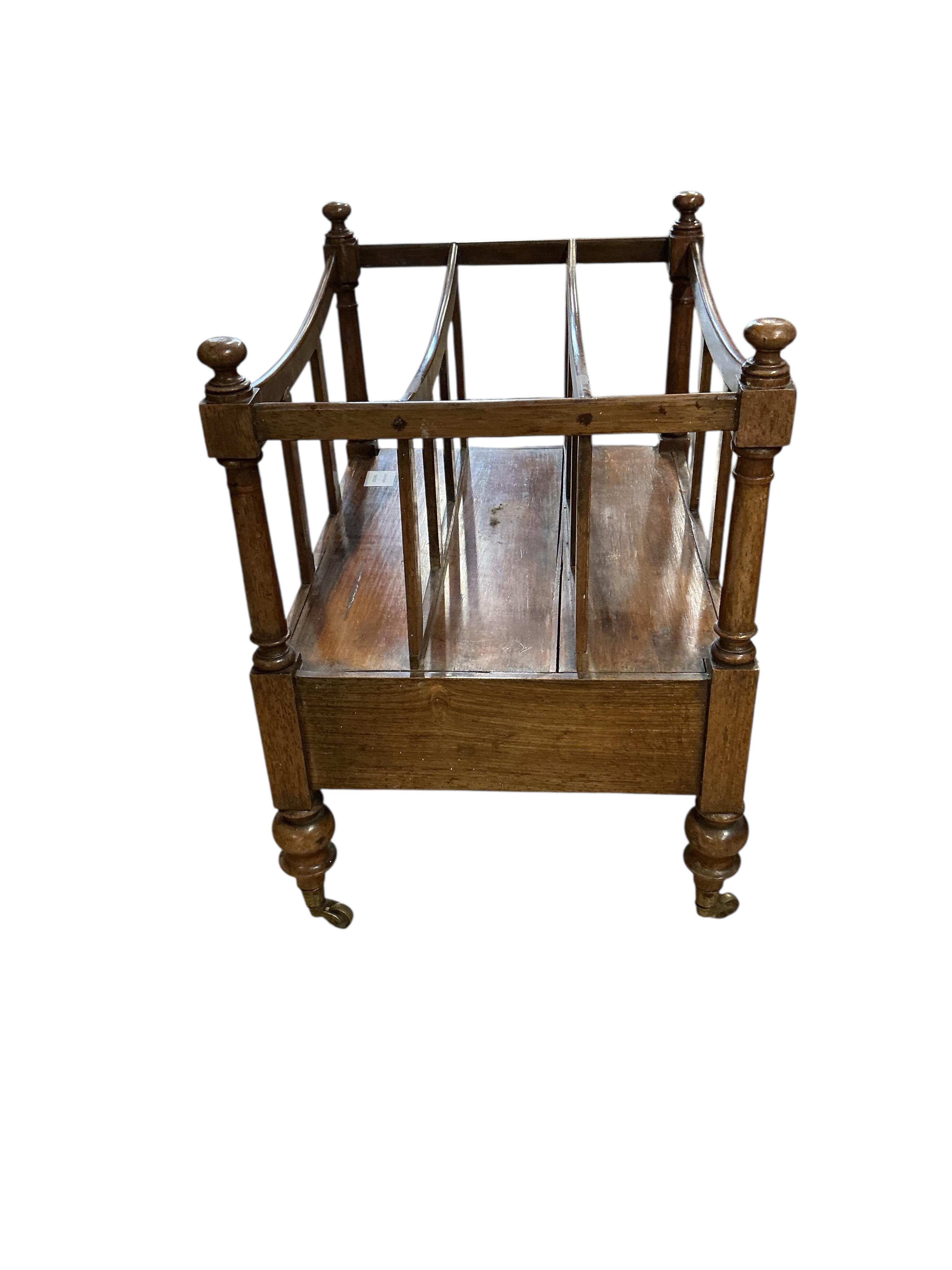 A Victorian rosewood three division canterbury, width 51cm, depth 41cm, height 54cm